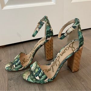 Sam Edelman Yaro Block Heels, Jade Palm Print, Straw Heel, Size 7.5